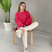Loose Long Sleeve Split T shirt Women Solid Color Spring Summer Women Clothing Cotton Top-Coral Red-Fancey Boutique