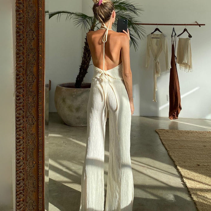 New Sexy Backless Spaghetti Straps Vest Beige Pleated Slim Fit Slit Blouse Pants-Fancey Boutique