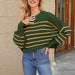 Color-Green Striped Pullover-Women Clothing Autumn Winter Loose Cropped Pullover Sweater Long Sleeve round Neck Sweater-Fancey Boutique