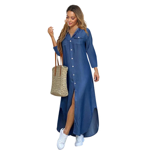 Color-Blue-Long Sleeve Shirt Dress Maxi Dress-Fancey Boutique