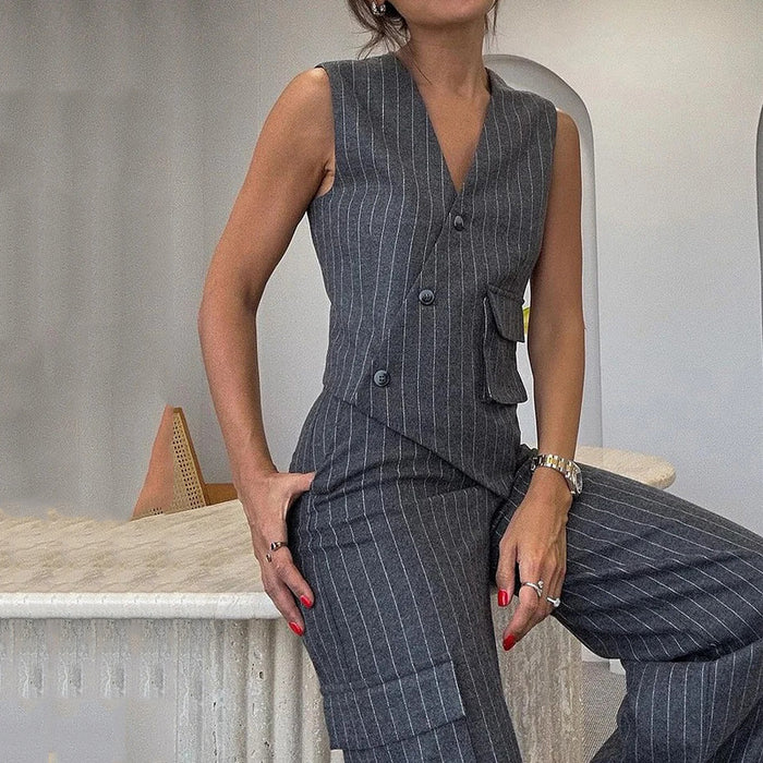 Women Ladies Summer Sleeveless Striped Two Piece Set-Gray-Fancey Boutique