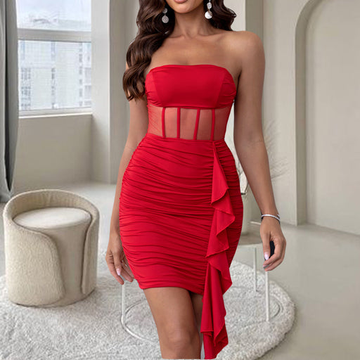 Color-Red-Party Dress Slim Fit Sexy Tube Top Dress Mesh Stitching Sheath Dress-Fancey Boutique