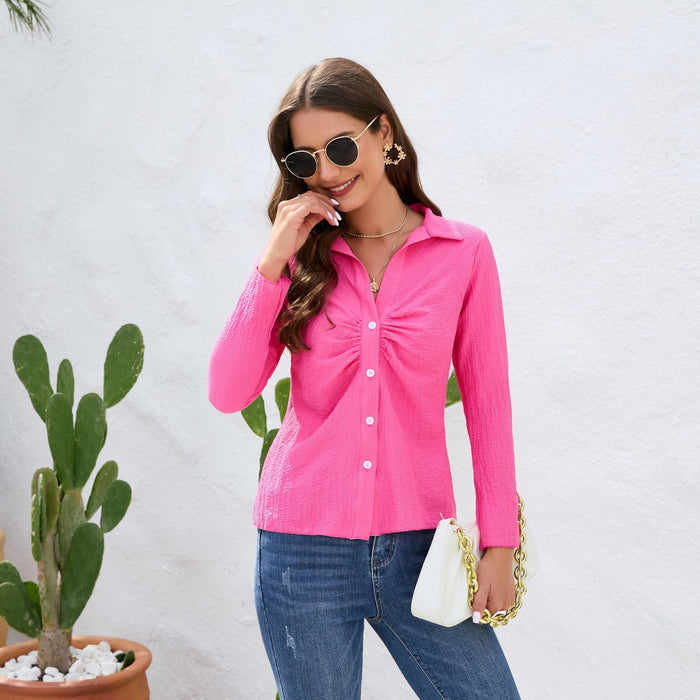 Color-Pink-Spring Regular Sleeve Office Shirt Collar Wrinkle Long Sleeve Women Shirt-Fancey Boutique
