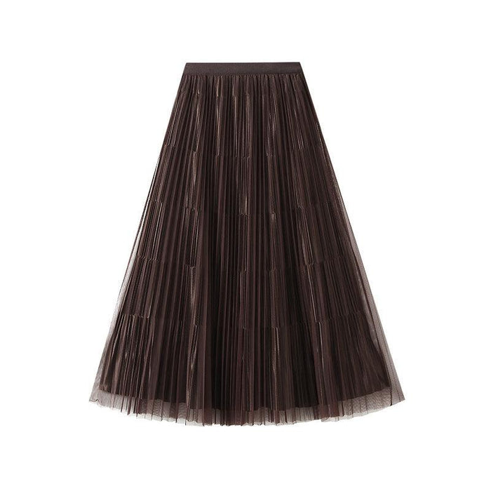 Color-Deep Coffee-High End Mesh Pleated Skirt Women Front Back Wear Western A line Skirt College Slimming-Fancey Boutique