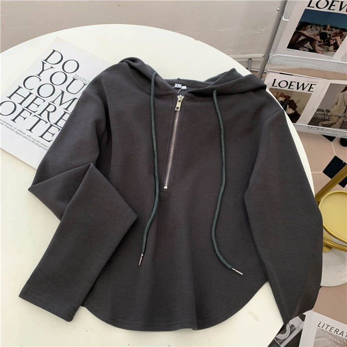 Thread Dralon Hooded Long Sleeve Coat T Shirt Women Autumn Winter Thickening Brushed Niche Short Top-Dark Grey-Fancey Boutique