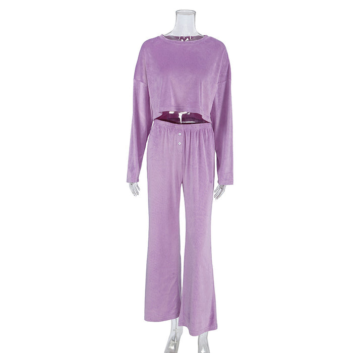 Autumn Velvet Warm Purple Long Sleeve Trousers Soft Knitted Pajamas Women Home Wear-Purple-Fancey Boutique