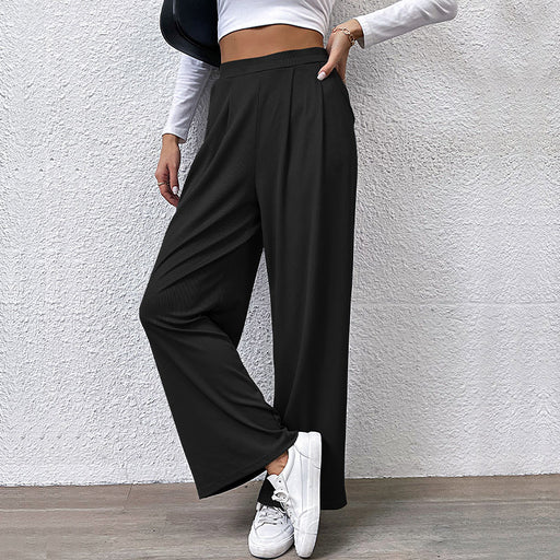 Fall Women Clothing Solid Color Rib Fabric Casual Wide Leg Pants-Fancey Boutique