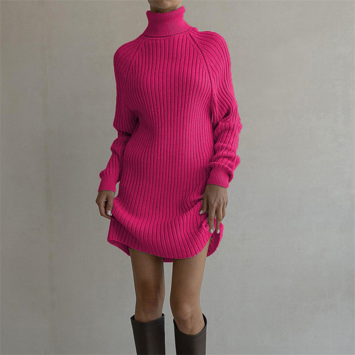 Long Sleeve High Collar Sweater Dress Women Casual Loose Thick Sunken Stripe Solid Color Sheath Autumn Winter Knitting Dress-Rose Red-Fancey Boutique