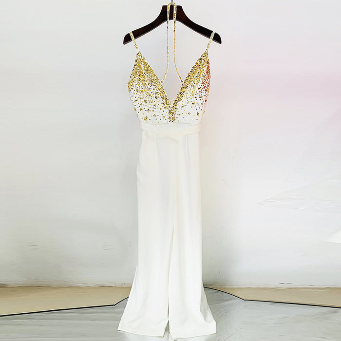 Color-White-Star Spring Summer Heavy Industry Manual Beaded Sequ Sexy V Strap Straight Jumpsuit-Fancey Boutique