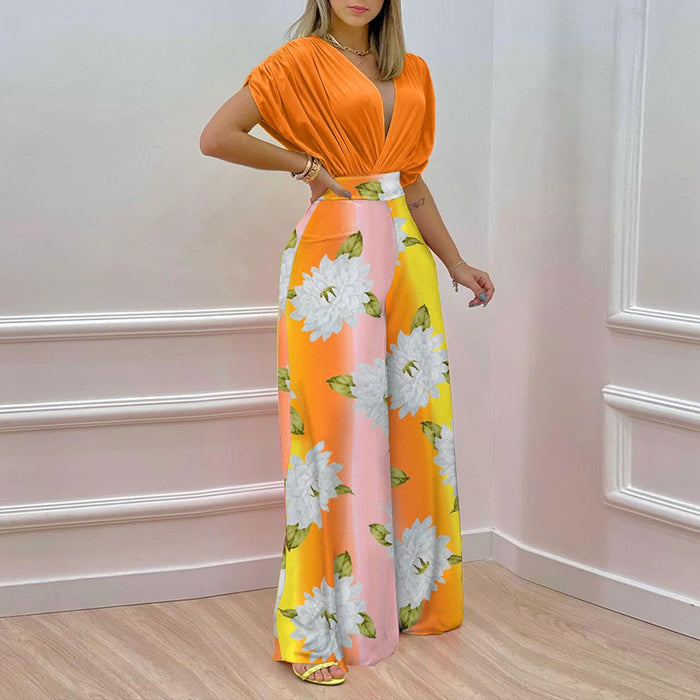 Color-Orange and Yellow Orange Pants-Women Clothing Summer Elegant V neck Printed Wide Leg Pants Casual Set-Fancey Boutique