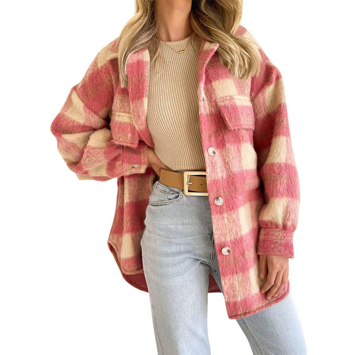 Color-Coral Pink-Autumn Winter Women Plaid Mohair Coat Woolen Thick Coat-Fancey Boutique