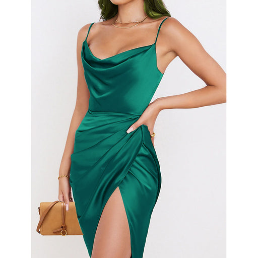 Color-Green-Spring Sexy Satin Dress Spaghetti Straps Sleeveless Backless Tight Dress Women-Fancey Boutique
