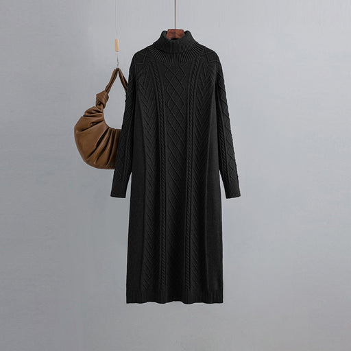 Color-Black-Heaps Collar Twist Woolen Women Autumn Winter Thick Loose Mid Length Over The Knee Knitted Dress-Fancey Boutique