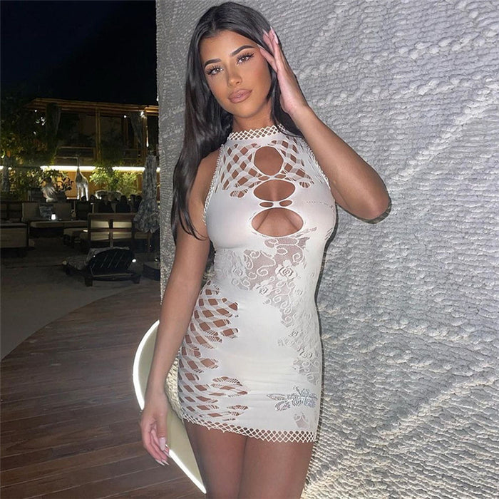 Color-White-Summer Women Clothing Sexy Cutout Gauzy Package Hip Knitted High Waist Casual Short Dress-Fancey Boutique