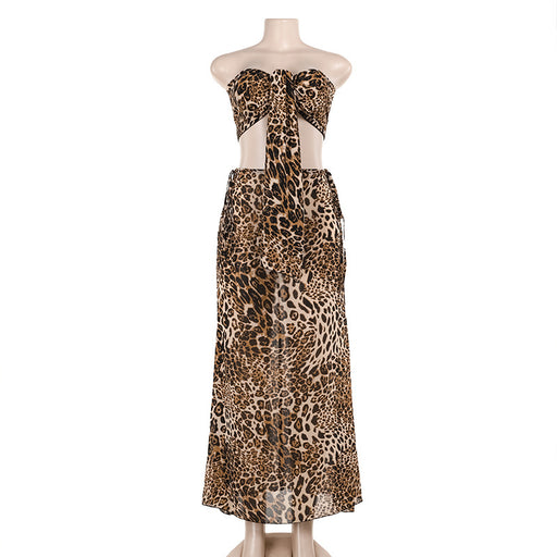 Summer Sexy Two Piece Leopard Print Tube Top Mid Length Skirt Set Women-Leopard-Fancey Boutique