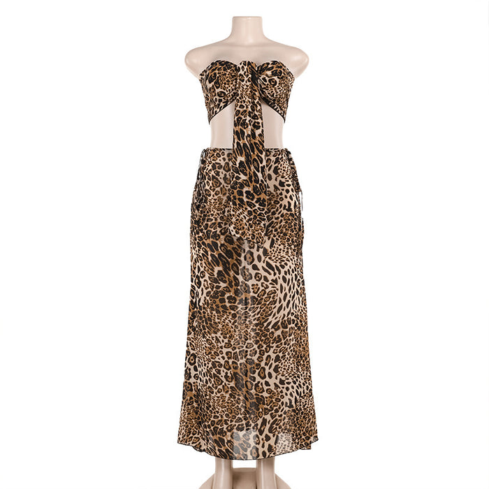 Summer Sexy Two Piece Leopard Print Tube Top Mid Length Skirt Set Women-Leopard-Fancey Boutique