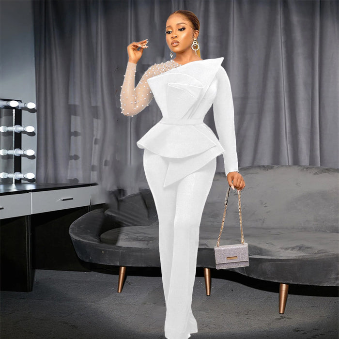 Color-White-Women Clothing Stitching Mesh Beads Waist Slimming Jumpsuit-Fancey Boutique
