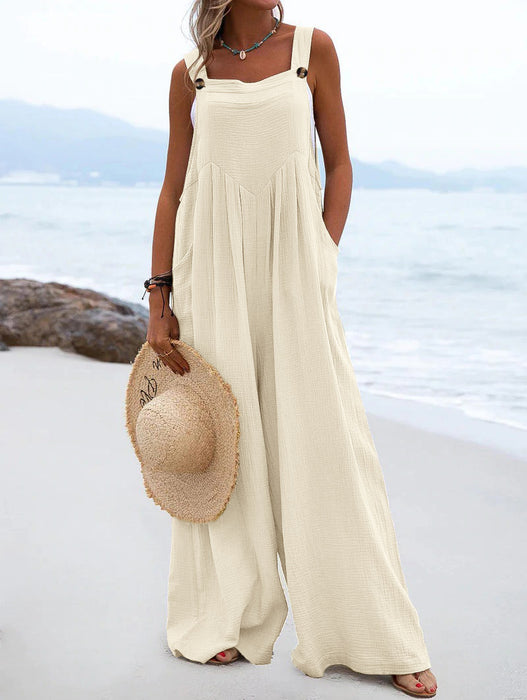 Color-Ivory-Women Clothing Summer Jumpsuit Ethnic Solid Color Wide Leg Jumpsuit-Fancey Boutique