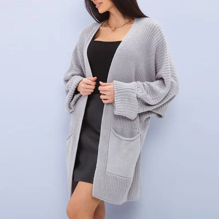 Color-Gray-Autumn Winter Loose Solid Color Batwing Sleeve Large Pocket Knitted Cardigan Sweater Coat for Women-Fancey Boutique