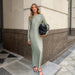 Color-Green-Autumn Winter Women Clothing Base Dress Long Sleeve Split Satin Drape Sheath Dress-Fancey Boutique