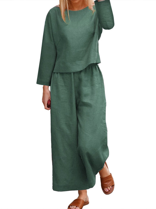 Color-Dark Green-Casual Loose Solid Color Shirt Long Sleeve Trousers Two Piece Set-Fancey Boutique