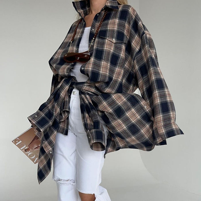 Autumn Winter Classic Retro Boyfriend Plaid Shacket Women All Match Loose Shirt-Fancey Boutique