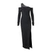 Women Clothing Autumn Sexy Diagonal Collar High Class Elegant Adult Lady like Woman Side Slit Slim Fit Long Sleeve Dress-Fancey Boutique