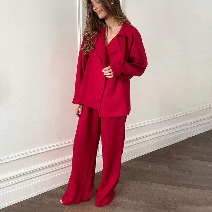 Autumn Cotton Linen All Matching Solid Color Loose Collar Tied Long Sleeves Trousers Casual Set Women-Red-Fancey Boutique