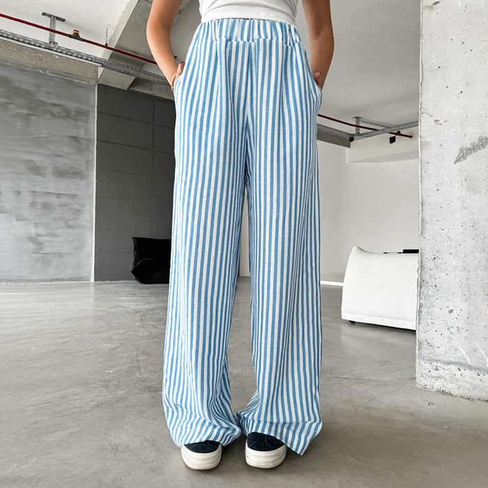 Autumn Casual Striped High Waist Elastic Band Trousers Baggy Straight Trousers Women-Fancey Boutique