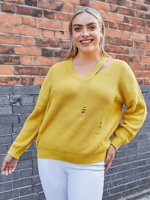 Color-Gold-Plus Size Hollow Out Cutout V Neck Pullover Sweater Long Sleeved Sweater Top For Women-Fancey Boutique