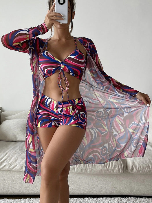 Color-Pattern 7-Swimsuit Women Split Three Piece Suit High Waist Long Sleeves Blouse Internet Celebrity Drawstring Suit-Fancey Boutique