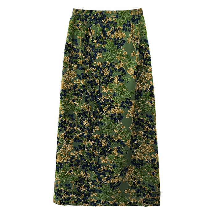 Retro Printed Skirt Women Summer Mid Length A line Skirt High Waist Slimming Green Shivering Mid Length Skirt-Fancey Boutique