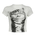 Statement Cat Pattern Printing Basic Shoulder Short Sleeve T shirt Sexy Slim Fit Slimming Short Top-White-Fancey Boutique