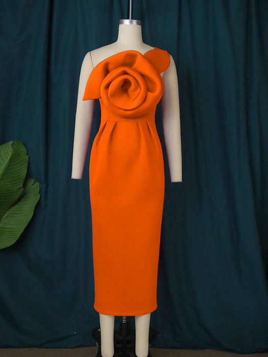 Color-Orange-One Shoulder Diagonal Collar Three Dimensional Floral Dress Christmas High Waist Slimming Cocktail One Step Dress 3D Rose-Fancey Boutique