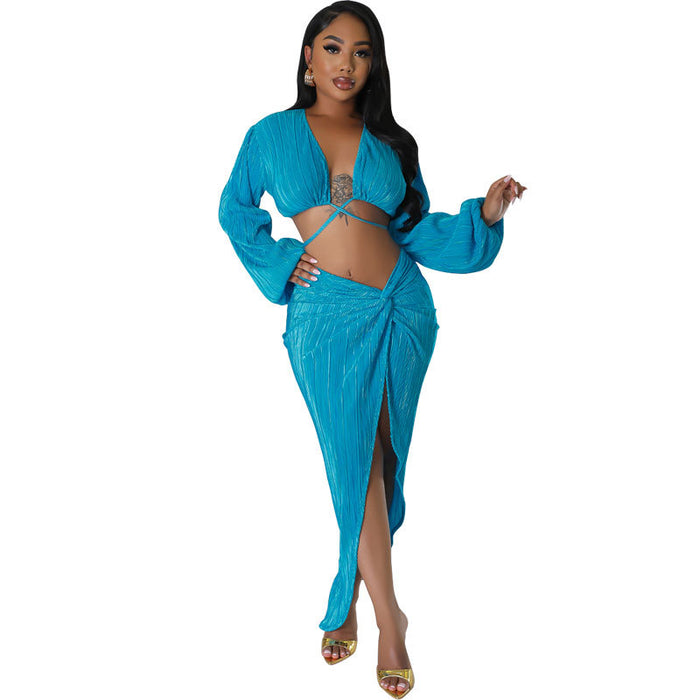Color-Blue-Summer Suit Skirt Women Casual Long Sleeve Sexy Two Piece Suit-Fancey Boutique