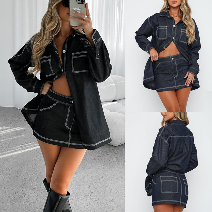 Color-Summer Retro Set Denim Shacket Women's Half-Length Denim Short Skirt Casual Two Piece Suit-Fancey Boutique