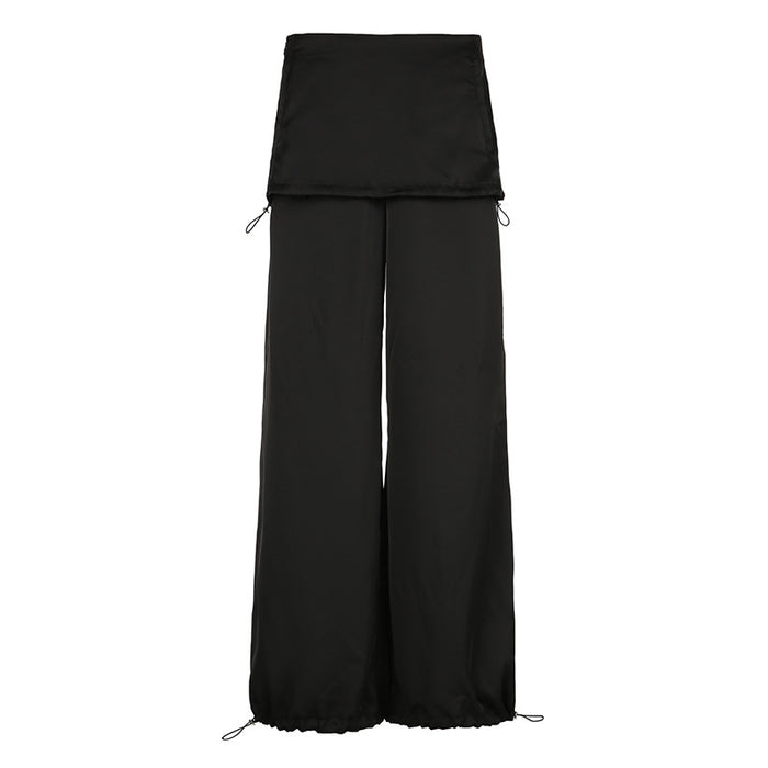 Design Drawstring Flanging Low Waist Loose Drooping Casual Pants Women Sexy Stylish Simple Wide Leg Pants Summer-Black-Fancey Boutique