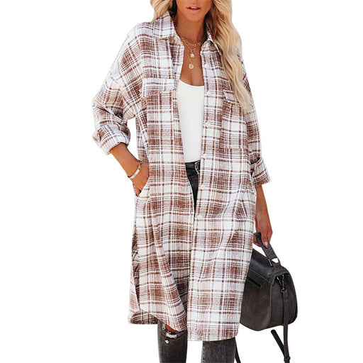 Color-Light Brown-Mid Length Shacket for Women Spring Autumn Printed Checks Collared Single Breasted Coat for Women-Fancey Boutique