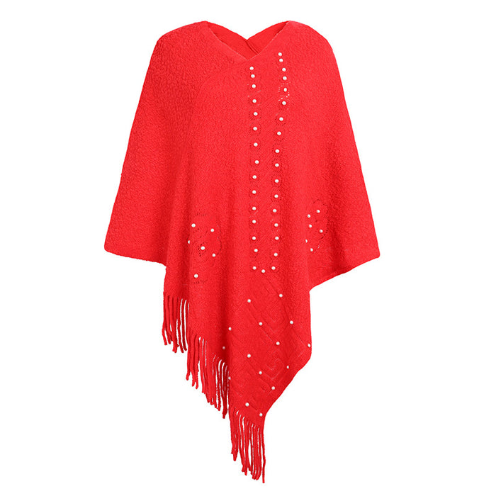 Color-Red-Autumn Winter Shawl Cape Knitwear Beaded Tassel Sweater Women-Fancey Boutique
