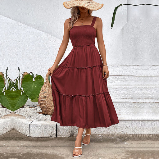 Color-Burgundy-Women Solid Color Sling Summer Dress-Fancey Boutique