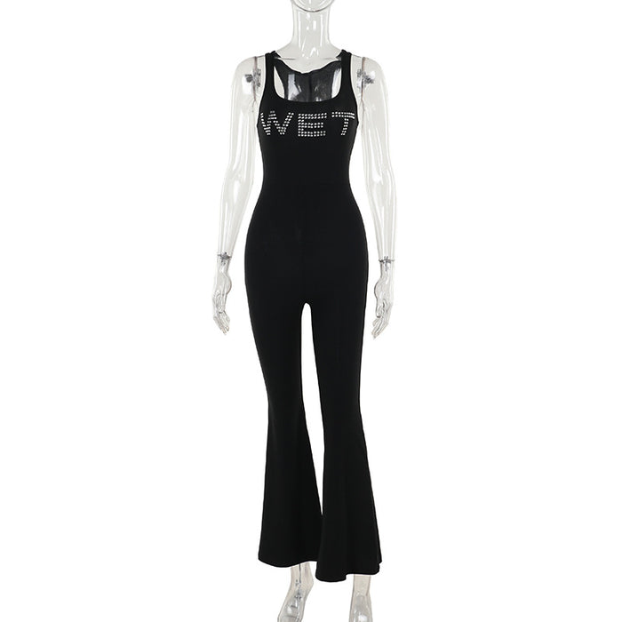 Summer Street Casual Slim Fit Letters Rhinestone Vest Type Jumpsuit Women-Black-Fancey Boutique