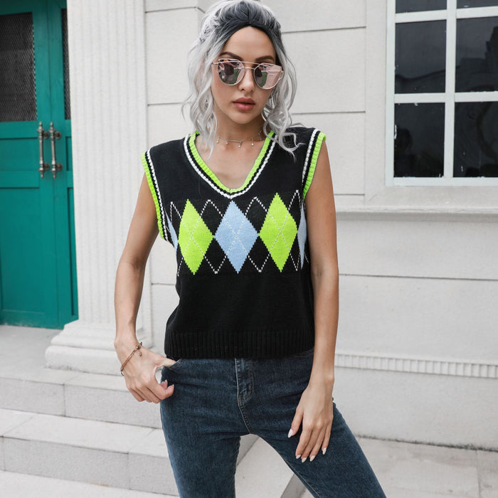 Color-Green-Rhombus V-neck Plaid Vest Sweater Women Vest Outer Wear Inner Wear Autumn Winter Knitwear Sweater-Fancey Boutique