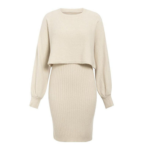 Color-White-Sexy Knitted Dress Two Piece Set Autumn Winter Solid Color Long Sleeve Sweater Women-Fancey Boutique