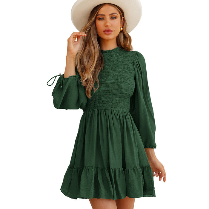 Color-blackish green-Solid Color Knee Length Autumn Long Sleeve Waist Tight Smocking Stringy Selvedge Dress-Fancey Boutique