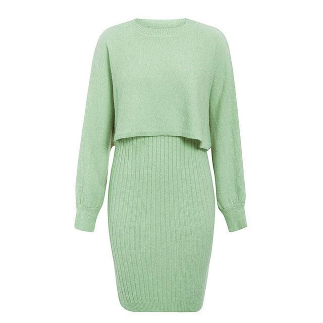 Color-Light Green-Knitted Two-Piece Classic High Waist Pullover Knitwear Half-Length Office Solid Color Dress-Fancey Boutique