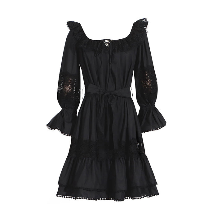 Graceful Fashionable Sweet Summer Off Neck Lace Trim Short Stitching Large Swing Women Dress-Black-Fancey Boutique