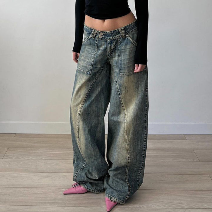 Retro Distressed Irregular Asymmetric Split Pocket Jeans Low Waist Sexy Loose Casual All Matching Wide Leg Pants-Fancey Boutique