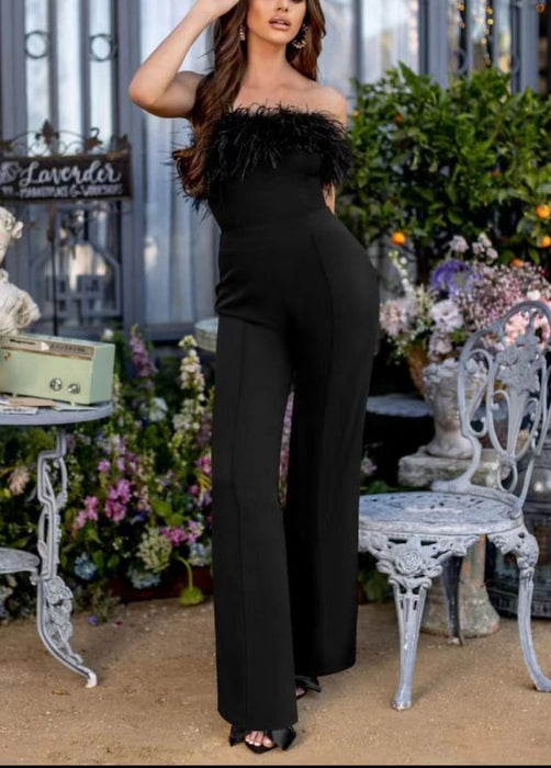 Color-Black-Spring Summer Women Clothing Sexy Deep V Plunge Feather Jumpsuit Casual Trousers-Fancey Boutique