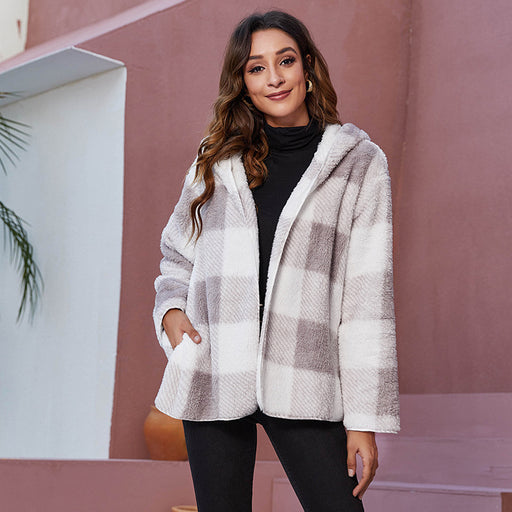 Color-Gray-Autumn Winter Hooded Pocket Casual Plaid Plush Coat-Fancey Boutique
