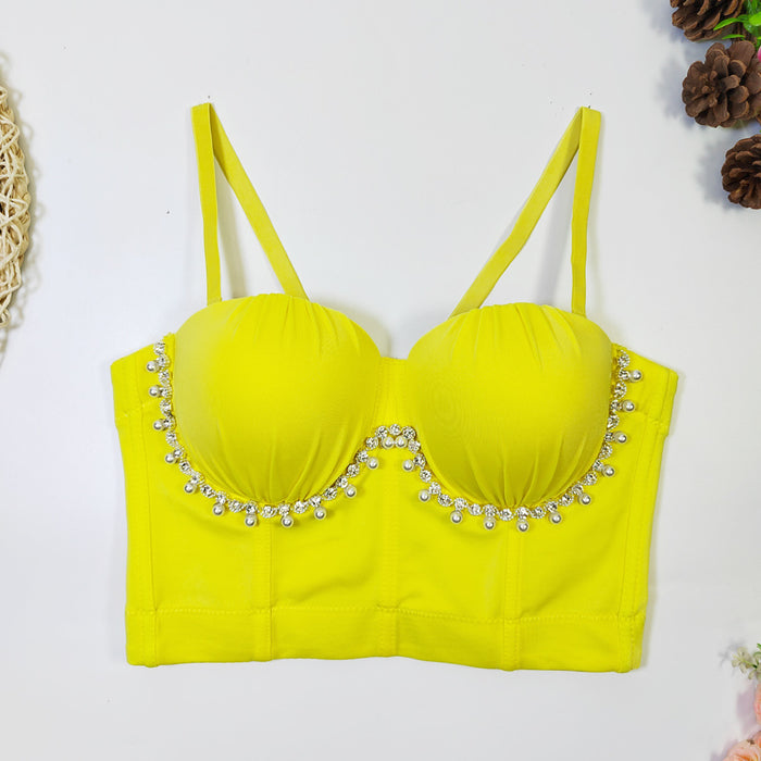 Fashionable All Match Pearl Drill Chain Boning Corset Bra Outer Wear With Steel Ring Comfortable Back Shaping Pleated Carnival Tube Top-Yellow-Fancey Boutique